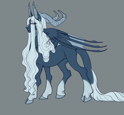 Size: 1083x1000 | Tagged: safe, artist:snowberry, imported from derpibooru, oc, oc only, oc:nightingale(snowberry), bat pony, original species, pony, bat wings, cloven hooves, coat markings, ear piercing, earring, female, horns, jewelry, leonine tail, long hair, mare, piercing, simple background, socks (coat marking), socks (coat markings), wings