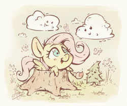 Size: 1200x1000 | Tagged: safe, artist:assasinmonkey, imported from derpibooru, fluttershy, butterfly, pegasus, pony, blushing, chibi, cloud, cute, female, flower, hoof hold, mare, paintbrush, shyabetes, smiling, solo, tree, tree stump