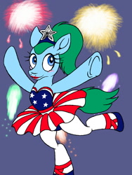 Size: 960x1280 | Tagged: safe, artist:dashingjack, imported from derpibooru, oc, oc:brainstorm, 4th of july, american independence day, arabesque, arms in the air, ballerina, ballet, ballet shoes, ballet slippers, clothes, crossdressing, fireworks, holiday, independence day, jewelry, one leg raised, pose, tiara, tights, tutu