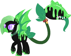 Size: 603x474 | Tagged: safe, artist:playdeadpossum, imported from derpibooru, oc, oc only, oc:poison, monster pony, original species, piranha plant pony, plant pony, augmented tail, base used, bat wings, closed species, collar, fangs, female, plant, raised hoof, simple background, tongue out, transparent background, wings