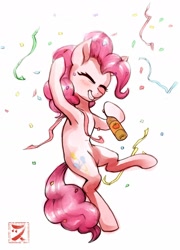 Size: 1280x1778 | Tagged: safe, artist:zetamad, imported from derpibooru, pinkie pie, earth pony, pony, apple cider, atg 2020, cider, confetti, digital edit, eyes closed, female, newbie artist training grounds, solo, traditional art