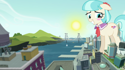 Size: 1280x720 | Tagged: safe, artist:dashiesparkle, artist:jaredking779, imported from derpibooru, coco pommel, earth pony, pony, architecture, blushing, bridge, building, city, cityscape, female, floppy ears, friendship express, giant pony, giant/macro earth pony, giant/mega coco pommel, giantess, grin, macro, manehattan, mare, mega giant, necktie, nervous, nervous grin, sky, smiling, solo, sun, water