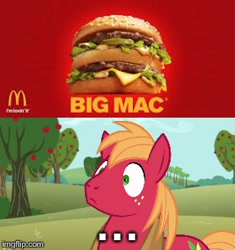 Size: 288x306 | Tagged: safe, edit, edited screencap, imported from derpibooru, screencap, big macintosh, earth pony, pony, no second prances, ..., burger, exploitable meme, food, hamburger, imgflip, male, mcdonald's, meme, namesake, obligatory pony, sandwich, shrunken pupils, sweet apple acres