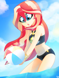 Size: 2448x3264 | Tagged: safe, artist:xan-gelx, imported from derpibooru, sunset shimmer, equestria girls, beach ball, bikini, clothes, cute, cutie mark, cutie mark on clothes, female, high res, midriff, open mouth, playing, shimmerbetes, sleeveless, solo, summer sunset, swimsuit, water