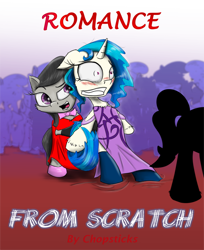 Size: 2200x2691 | Tagged: safe, artist:chopsticks, imported from derpibooru, dj pon-3, octavia melody, vinyl scratch, earth pony, unicorn, comic:romance from scratch, alternate hairstyle, blushing, chest fluff, clothes, cover, cover art, cute, dress, duo, duo female, ear fluff, faic, female, floppy ears, pushing, text, unshorn fetlocks, vinylbetes