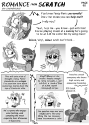 Size: 2200x3072 | Tagged: safe, artist:chopsticks, imported from derpibooru, dj pon-3, fancypants, octavia melody, vinyl scratch, comic:romance from scratch, alcohol, beer, bipedal, boop, burger, burp, cheek fluff, chest fluff, comic, dialogue, duo, duo female, ear fluff, female, food, hay burger, magic, monochrome, noseboop, personal space invasion, sitting, tea, telekinesis, text, thought bubble, unshorn fetlocks, wine