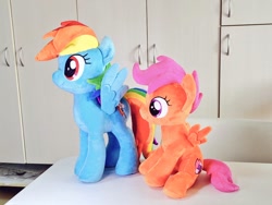 Size: 1024x768 | Tagged: safe, artist:nekokevin, imported from derpibooru, rainbow dash, scootaloo, pegasus, pony, cute, cutealoo, dashabetes, duo, female, filly, irl, mare, photo, plushie, rainbow dash plushie, sitting, smiling, spread wings, the cmc's cutie marks, wings