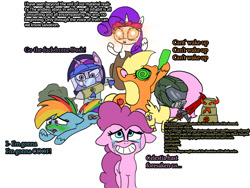 Size: 1000x750 | Tagged: safe, artist:slamjam, imported from derpibooru, applejack, fluttershy, pinkie pie, rainbow dash, rarity, twilight sparkle, bad thing no. 3, my little pony: pony life, pinkie pie: hyper-helper, spoiler:pony life s01e05, spoiler:pony life s01e06, backwards cutie mark, crucible blade, crying, doom, doom guy, g4.5, mane six, sickbow dash, text, vulgar