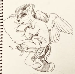 Size: 1280x1258 | Tagged: safe, artist:swaybat, imported from derpibooru, oc, oc only, pegasus, pony, bed, choker, earbuds, female, laying on bed, looking at you, lying on bed, mare, monochrome, on bed, pillow, sketch, solo, traditional art, underhoof, wings