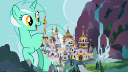 Size: 1280x720 | Tagged: safe, artist:moongazeponies, edit, imported from derpibooru, vector edit, lyra heartstrings, pony, unicorn, attack on pony, canterlot, canterlot castle, female, giant lyra heartstrings, giant pony, giant unicorn, giantess, macro, mare, mega giant, mega lyra, raised hoof, solo, vector