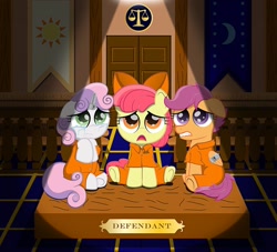 Size: 1280x1164 | Tagged: safe, artist:spellboundcanvas, imported from derpibooru, apple bloom, scootaloo, sweetie belle, earth pony, pegasus, pony, unicorn, adorabloom, banner, begging, bow, clothes, courtroom, crying, cute, cutealoo, cutie mark crusaders, diasweetes, female, filly, hair bow, horn, horn ring, magic suppression, nervous, prison, prison outfit, prisoner, restraints, sad, scales of justice, scared, solo, trio, wing cuffs, wingcuffs, young