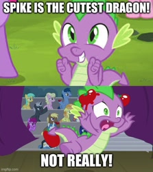 Size: 500x560 | Tagged: safe, deleted from derpibooru, edit, edited screencap, imported from derpibooru, screencap, spike, dragon, earth pony, pony, unicorn, horse play, abuse, caption, excited, female, happy, image macro, male, mare, op is a duck, op is a spike hater, open mouth, sitting, smiling, spikeabuse, stallion, text, tomatoes