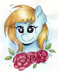 Size: 2480x3101 | Tagged: safe, artist:lightisanasshole, imported from derpibooru, oc, oc only, oc:cloud cuddler, pegasus, pony, blonde hair, blonde mane, blue coat, bust, female, flower, leaf, looking at you, portrait, purple eyes, rose, solo, starry eyes, traditional art, watercolor painting, wingding eyes