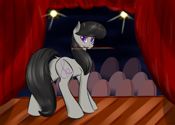 Size: 4380x3120 | Tagged: safe, artist:renarde-louve, imported from derpibooru, octavia melody, earth pony, pony, bow (instrument), curtains, female, looking at you, mare, mouth hold, solo, stage, stage light