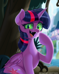 Size: 900x1121 | Tagged: safe, artist:pyropk, imported from derpibooru, queen chrysalis, twilight sparkle, alicorn, pony, disguise, disguised changeling, fake twilight, fangs, female, open mouth, raised leg, school of friendship, signature, slit pupils, solo, twilight sparkle (alicorn), wings