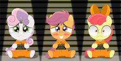 Size: 1250x632 | Tagged: safe, artist:spellboundcanvas, imported from derpibooru, apple bloom, scootaloo, sweetie belle, pony, blushing, clothes, crying, cute, cutie mark crusaders, embarrassed, horn, horn cap, magic suppression, mugshot, nervous, police lineup, prison, prison outfit, prisoner, sad, shocked, so cute it's a crime, solo, spotlight, trio, wing cuffs