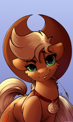 Size: 1800x3000 | Tagged: safe, artist:skitsniga, artist:skitsroom, imported from derpibooru, applejack, earth pony, pony, 1st place, applejack's hat, badge, blue background, cheek fluff, chest fluff, cowboy hat, female, freckles, hat, looking at you, mare, medal, mouth hold, simple background, solo, straw in mouth