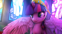 Size: 3840x2160 | Tagged: safe, artist:lunar57, imported from derpibooru, pinkie pie, rarity, twilight sparkle, alicorn, pony, 3d, beautiful, beautiful eyes, big crown thingy, cute, element of magic, female, glowing, high res, horn, jewelry, looking at something, looking forward, pretty, purple eyes, rainbow, regalia, smiling, solo, source filmmaker, spread wings, stained glass, stained glass window, twiabetes, twilight sparkle (alicorn), wallpaper, window, wings