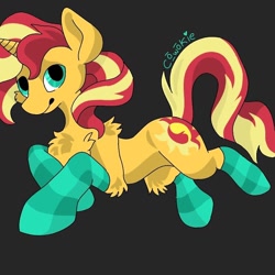 Size: 800x800 | Tagged: safe, artist:c_owokie, imported from derpibooru, sunset shimmer, pony, unicorn, chest fluff, clothes, dark background, female, fluffy, mare, prone, socks, solo, striped socks