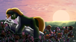 Size: 5760x3240 | Tagged: safe, artist:sevenserenity, imported from derpibooru, oc, oc only, oc:bullet storm, oc:dragon storm, pony, unicorn, complex background, cuddling, duo, eye contact, flower, heart eyes, looking at each other, scene, scenery, shipping, sunset, wingding eyes