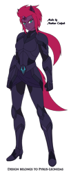 Size: 1024x2496 | Tagged: safe, artist:pyrus-leonidas, imported from derpibooru, tempest shadow, human, armor, belt, boots, broken horn, clothes, eared humanization, eye scar, female, gloves, high heel boots, horn, horned humanization, humanized, pony coloring, scar, shoes, simple background, solo, tailed humanization, transparent background