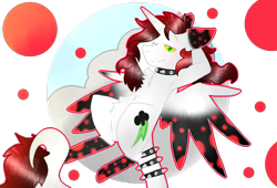 Size: 2560x1740 | Tagged: safe, artist:shinningblossom12, imported from derpibooru, oc, oc only, alicorn, pony, alicorn oc, arm behind back, chest fluff, choker, horn, on back, one eye closed, simple background, solo, spiked choker, spiked wristband, transparent background, wings, wink, wristband