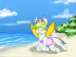 Size: 2732x2048 | Tagged: safe, artist:stardust-pony, imported from derpibooru, oc, oc:fruitcake, changeling, beach, changeling oc, clothes, colt, commission, crossdressing, frilled swimsuit, frilly, frilly swimsuite, male, swimsuit