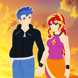 Size: 1900x1900 | Tagged: safe, artist:novadrawsxx, imported from derpibooru, flash sentry, sunset shimmer, equestria girls, female, flashimmer, holding hands, male, shipping, straight