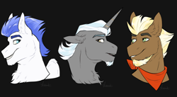 Size: 3654x2000 | Tagged: safe, artist:jeshh, imported from derpibooru, oc, oc only, oc:polished lance, oc:stoutheart, oc:swift wing, pegasus, pony, unicorn, black background, bust, male, portrait, simple background, stallion