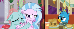 Size: 1846x720 | Tagged: safe, imported from derpibooru, screencap, gallus, ocellus, silverstream, changedling, changeling, griffon, hippogriff, angry, booth, diner, drink, food, meme, pancakes, pie, pointing, syrup, woman yelling at a cat