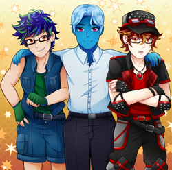 Size: 4152x4126 | Tagged: safe, artist:sho-tan-art, imported from derpibooru, oc, oc:damien runner, oc:saphirus, human, blue hair, blue skin, cap, clothes, commission, fingerless gloves, glasses, gloves, goggles, group photo, hades, hat, highlights, humanized, humanized oc, jewelry, lore olympus, male, necklace, trio, trio male, white hair