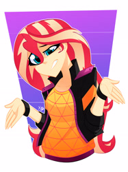 Size: 2442x3264 | Tagged: safe, artist:xan-gelx, imported from derpibooru, sunset shimmer, equestria girls, equestria girls series, sunset's backstage pass!, spoiler:eqg series (season 2), bracelet, clothes, female, high res, jacket, jewelry, solo, wristband