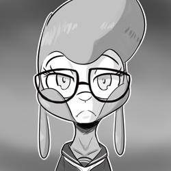 Size: 1000x1000 | Tagged: safe, artist:hitsuji, imported from derpibooru, pom lamb, sheep, them's fightin' herds, 177013, clothes, community related, emergence, female, glasses, grayscale, monochrome, pom (tfh), reaction image, solo, uniform