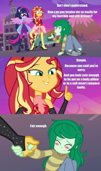 Size: 3000x5062 | Tagged: safe, edit, edited screencap, imported from derpibooru, screencap, sci-twi, sunset shimmer, twilight sparkle, wallflower blush, equestria girls, equestria girls series, forgotten friendship, blushing, canterlot high, caption, comic, easily forgiven, eyes closed, headband, image macro, meta, pickup truck, ponied up, pony ears, sad, screencap comic, sitting, smiling, text, wings