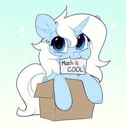 Size: 2000x2000 | Tagged: safe, artist:vensual99, imported from derpibooru, oc, oc only, oc:eula phi, pony, unicorn, abstract background, box, cute, female, happy, heart, mare, mouth hold, ocbetes, pony in a box, smiling, solo, unpopular opinion