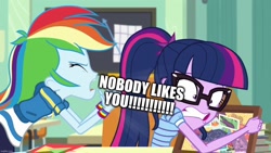 Size: 1280x720 | Tagged: safe, edit, edited screencap, imported from derpibooru, screencap, rainbow dash, sci-twi, twilight sparkle, equestria girls, equestria girls series, the last day of school, abuse, bully, bullying, caption, glasses, hate, image macro, mean, out of character, rainbow douche, scared, text, twilybuse, yelling