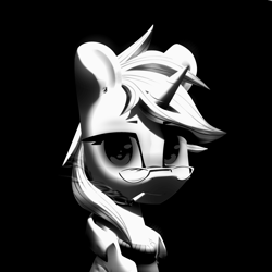 Size: 2400x2400 | Tagged: safe, artist:shido-tara, derpibooru exclusive, imported from derpibooru, oc, oc:triage, unicorn, fallout equestria, fallout equestria: project horizons, black background, doomer, fanfic art, glasses, simple background, smoking