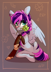 Size: 2894x4093 | Tagged: safe, artist:shore2020, imported from derpibooru, oc, oc only, oc:lucky twist, pegasus, pony, amputee, flower, flower in mouth, mouth hold, prosthetic limb, prosthetics, scar, solo, steampunk