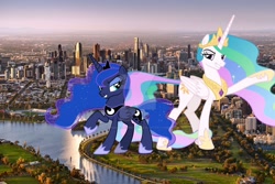 Size: 1600x1067 | Tagged: safe, artist:celestiaisbestponyyt, artist:chrzanek97, artist:princesslunayay, imported from derpibooru, princess celestia, princess luna, alicorn, pony, australia, city, deviantart watermark, duo, female, giant alicorn, giant ponies in real life, giant pony, giantess, giantlestia, grass, highrise ponies, irl, macro, mare, mega celestia, mega giant, mega luna, melbourne, obtrusive watermark, photo, ponies in real life, raised hoof, raised leg, royal sisters, siblings, sisters, smiling, smirk, tree, watermark