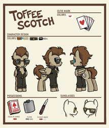 Size: 900x1050 | Tagged: safe, artist:plunger, imported from derpibooru, oc, oc only, oc:toffee scotch, pegasus, card, clothes, cutie mark, flask, jacket, knife, leather jacket, male, meme, pegasus oc, playing card, reference sheet, sunglasses, text, wings