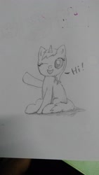 Size: 2352x4160 | Tagged: safe, artist:strategypony, imported from derpibooru, oc, oc only, pony, unicorn, female, filly, grin, looking at you, one eye closed, sitting, smiling, smiling at you, solo, traditional art, waving