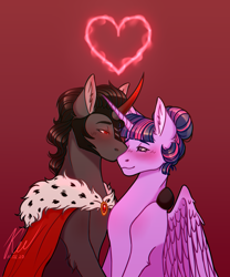 Size: 1826x2196 | Tagged: safe, artist:kayotanv87, imported from derpibooru, king sombra, twilight sparkle, alicorn, unicorn, alternate hairstyle, blushing, cape, clothes, crossed horns, female, heart, horn, horns are touching, male, shipping, smiling, straight, twibra, twilight sparkle (alicorn), wings