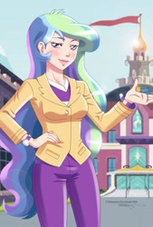 Size: 600x890 | Tagged: safe, artist:eli-pic, imported from derpibooru, princess celestia, equestria girls, bracelet, canterlot high, female, human coloration, jewelry, missing accessory, principal celestia, solo, watch, wristwatch