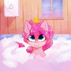 Size: 1500x1500 | Tagged: safe, artist:glazirka, imported from derpibooru, pinkie pie, earth pony, pony, bath, bubble, bubble bath, cute, diapinkes, female, glazirka is trying to murder us, rubber duck, solo, towel, window