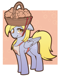 Size: 1186x1510 | Tagged: safe, artist:puetsua, imported from derpibooru, derpy hooves, pegasus, pony, animal crossing, apron, basket, clothes, cute, derpabetes, ear fluff, female, food, muffin, simple background, solo