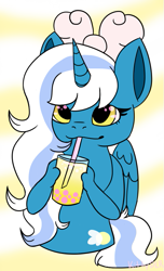 Size: 441x723 | Tagged: safe, artist:kittydlr, imported from derpibooru, oc, oc:fleurbelle, alicorn, adorabelle, alicorn oc, bow, bubble tea, cute, drink, drinking, drinking straw, female, hair bow, horn, mare, wingding eyes, wings, yellow eyes