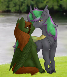 Size: 3071x3543 | Tagged: safe, artist:chrystal_company, imported from derpibooru, oc, oc only, changeling queen, pegasus, pony, changeling queen oc, colored hooves, double colored changeling, kissing, oc x oc, outdoors, pegasus oc, shipping, wings