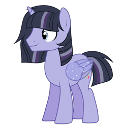 Size: 1405x1475 | Tagged: safe, artist:alphajunko, imported from derpibooru, oc, oc only, oc:moonlight nova, alicorn, pony, icey-verse, alicorn oc, alternate hairstyle, commission, horn, magical lesbian spawn, male, missing cutie mark, multicolored hair, offspring, parent:mean twilight sparkle, parent:oc:moonshine twinkle, parents:canon x oc, parents:meanshine, rule 63, simple background, solo, stallion, transparent background, wings