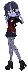 Size: 600x1521 | Tagged: safe, artist:alphajunko, imported from derpibooru, oc, oc only, oc:moonlight nova, icey-verse, equestria girls, boots, chains, choker, clothes, commission, equestria girls-ified, female, grin, high heel boots, jacket, leather jacket, magical lesbian spawn, multicolored hair, offspring, parent:mean twilight sparkle, parent:oc:moonshine twinkle, parents:canon x oc, parents:meanshine, peace sign, shoes, simple background, skirt, smiling, socks, solo, stockings, tanktop, thigh highs, torn clothes, transparent background