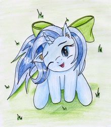 Size: 1966x2245 | Tagged: safe, artist:40kponyguy, derpibooru exclusive, imported from derpibooru, oc, oc only, oc:fishy wishes, pony, unicorn, bow, cute, ear fluff, floppy ears, grass, hair bow, head tilt, laughing, looking at you, looking up, ocbetes, one eye closed, requested art, solo, traditional art